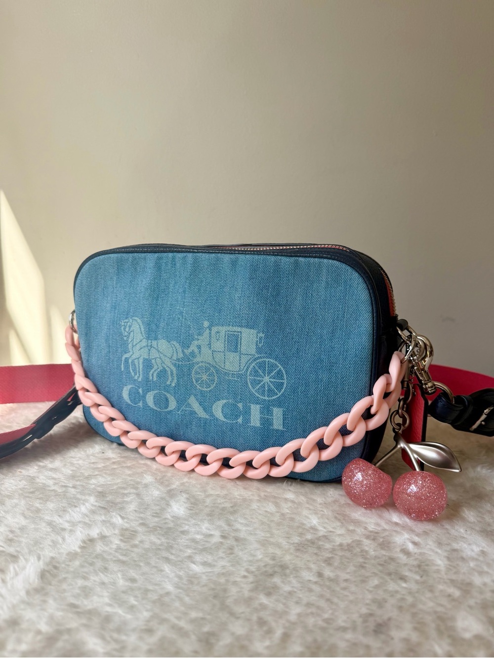 Coach Jes Crossbody in Denim and Leather with chain charm and cherry charm
